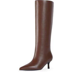 Women Brown Knee High Boots Kitten Heels Tall Pointed Toe Long Boots